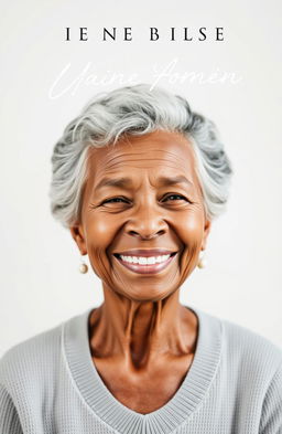 A visually striking book cover featuring an older brown woman with greyish hair, depicted with a warm and inviting smile
