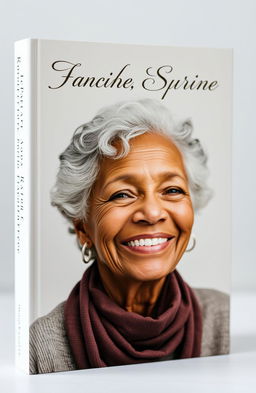 A visually striking book cover featuring an older brown woman with greyish hair, depicted with a warm and inviting smile