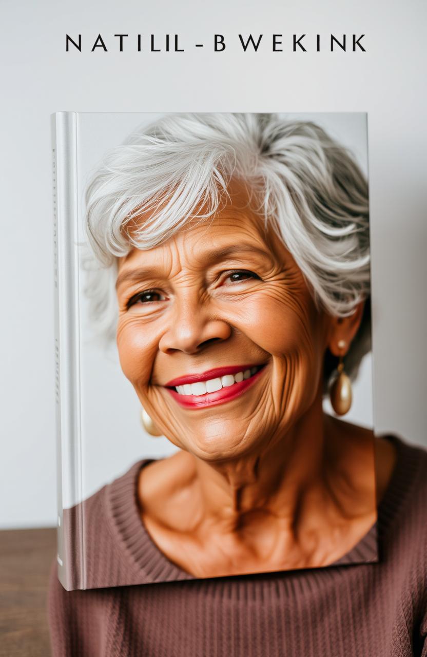 A visually striking book cover featuring an older brown woman with greyish hair, depicted with a warm and inviting smile