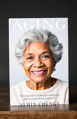 A visually striking book cover featuring an older brown woman with greyish hair, depicted with a warm and inviting smile