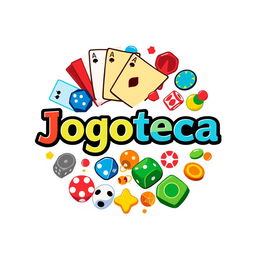 A circular logo design for 'Jogoteca', featuring a variety of gaming elements including playing cards, dice, and board game pieces, all set against a clean white background