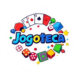 A circular logo design for 'Jogoteca', featuring a variety of gaming elements including playing cards, dice, and board game pieces, all set against a clean white background