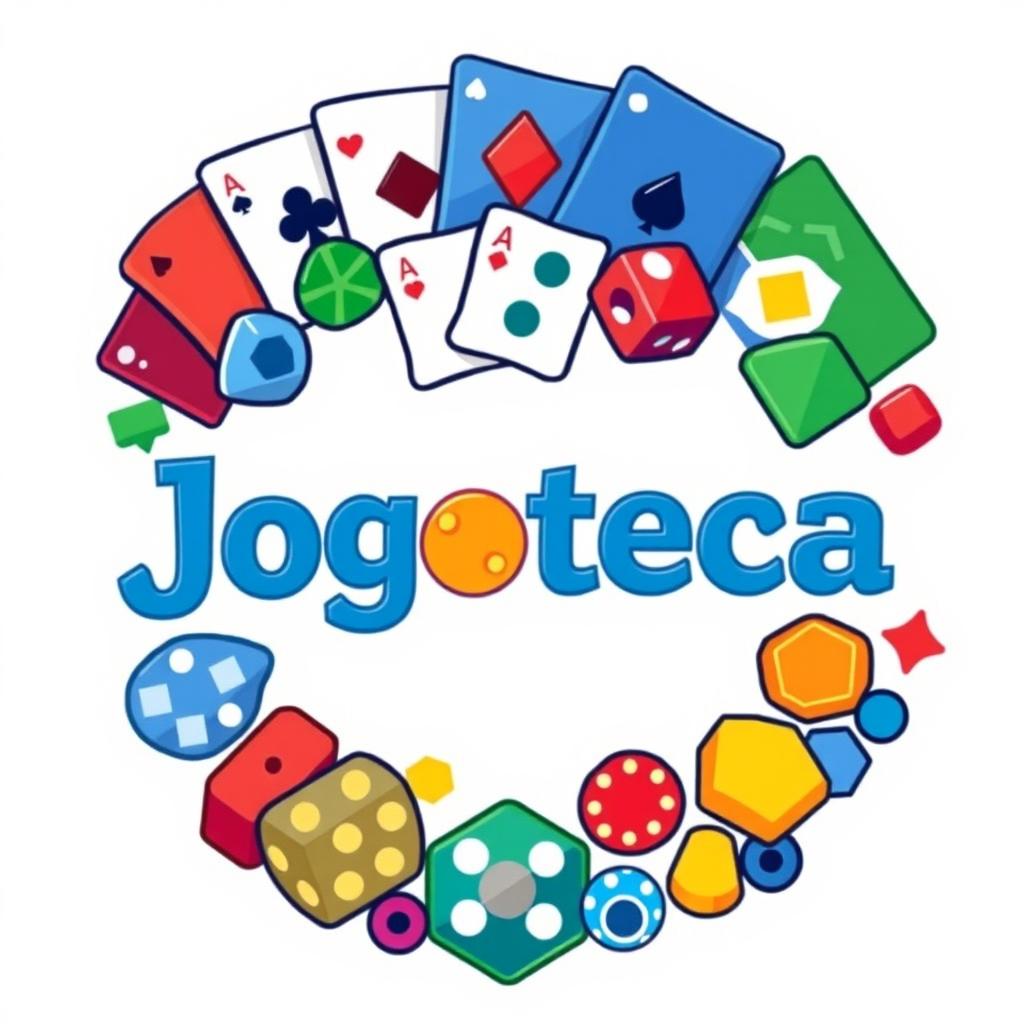 A circular logo design for 'Jogoteca', featuring a variety of gaming elements including playing cards, dice, and board game pieces, all set against a clean white background