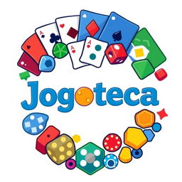 A circular logo design for 'Jogoteca', featuring a variety of gaming elements including playing cards, dice, and board game pieces, all set against a clean white background