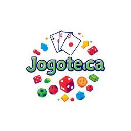 A circular logo design for 'Jogoteca', featuring a variety of gaming elements including playing cards, dice, and board game pieces, all set against a clean white background