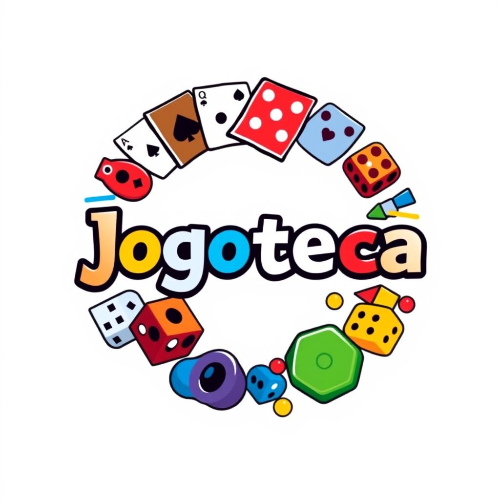 A circular logo design for 'Jogoteca', incorporating various gaming elements such as playing cards, dice, and board game pieces, set against a clean white background