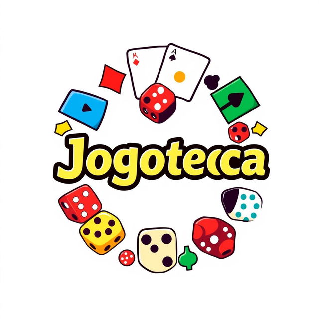 A circular logo design for 'Jogoteca', incorporating various gaming elements such as playing cards, dice, and board game pieces, set against a clean white background