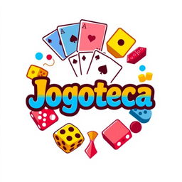 A circular logo design for 'Jogoteca', incorporating various gaming elements such as playing cards, dice, and board game pieces, set against a clean white background