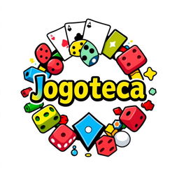 A circular logo design for 'Jogoteca', incorporating various gaming elements such as playing cards, dice, and board game pieces, set against a clean white background