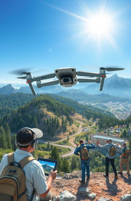 A detailed illustration of various DJI Mavic series drones being used for photogrammetry, aerial surveying, and mapping