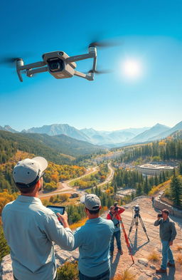 A detailed illustration of various DJI Mavic series drones being used for photogrammetry, aerial surveying, and mapping