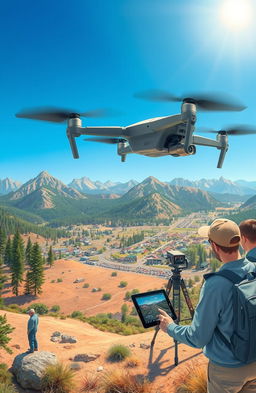 A detailed illustration of various DJI Mavic series drones being used for photogrammetry, aerial surveying, and mapping