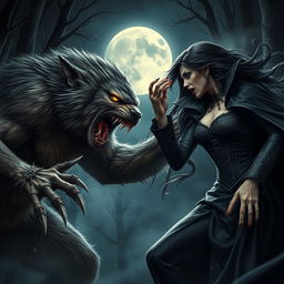 An intense and dramatic scene featuring a werewolf and a fierce vampire woman engaged in a fierce battle