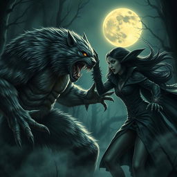 An intense and dramatic scene featuring a werewolf and a fierce vampire woman engaged in a fierce battle
