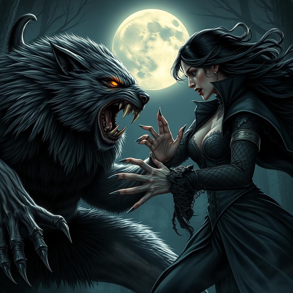 An intense and dramatic scene featuring a werewolf and a fierce vampire woman engaged in a fierce battle