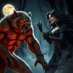 An intense and dramatic scene featuring a werewolf and a fierce vampire woman engaged in a fierce battle