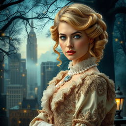 A captivating scene that beautifully blends 1880s New York City with the enchanting allure of an ancient magical forest