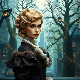 A captivating scene that beautifully blends 1880s New York City with the enchanting allure of an ancient magical forest
