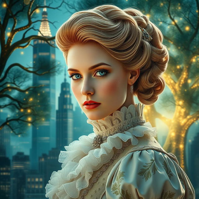 A captivating scene that beautifully blends 1880s New York City with the enchanting allure of an ancient magical forest