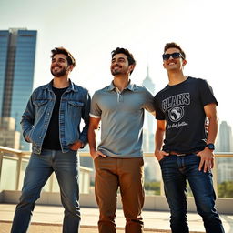 Three true male friends, standing together in a casual setting, exuding a sense of camaraderie and determination