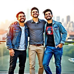 Three true male friends, standing together in a casual setting, exuding a sense of camaraderie and determination
