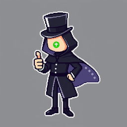 A pixel art character dressed in an elegant black outfit featuring a cloak and a top hat, giving a thumbs up gesture