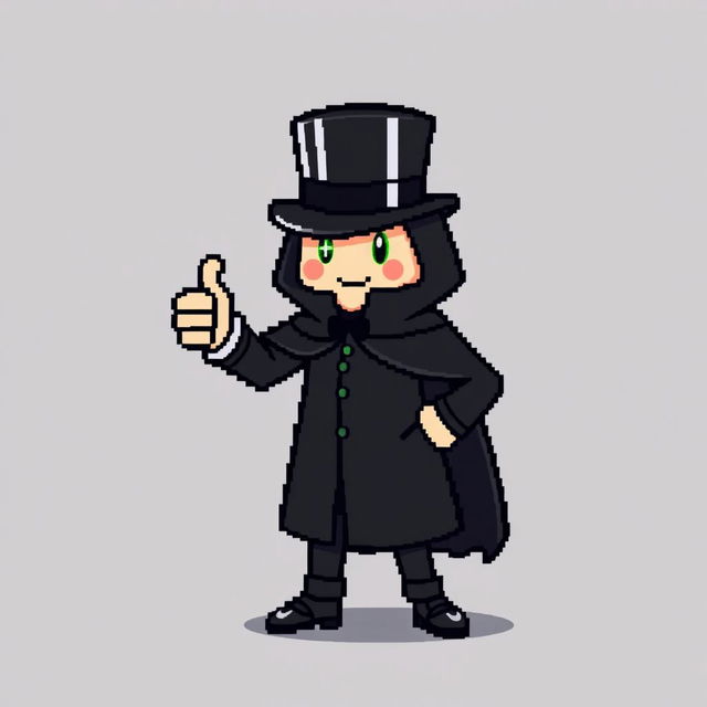 A pixel art character dressed in an elegant black outfit featuring a cloak and a top hat, giving a thumbs up gesture