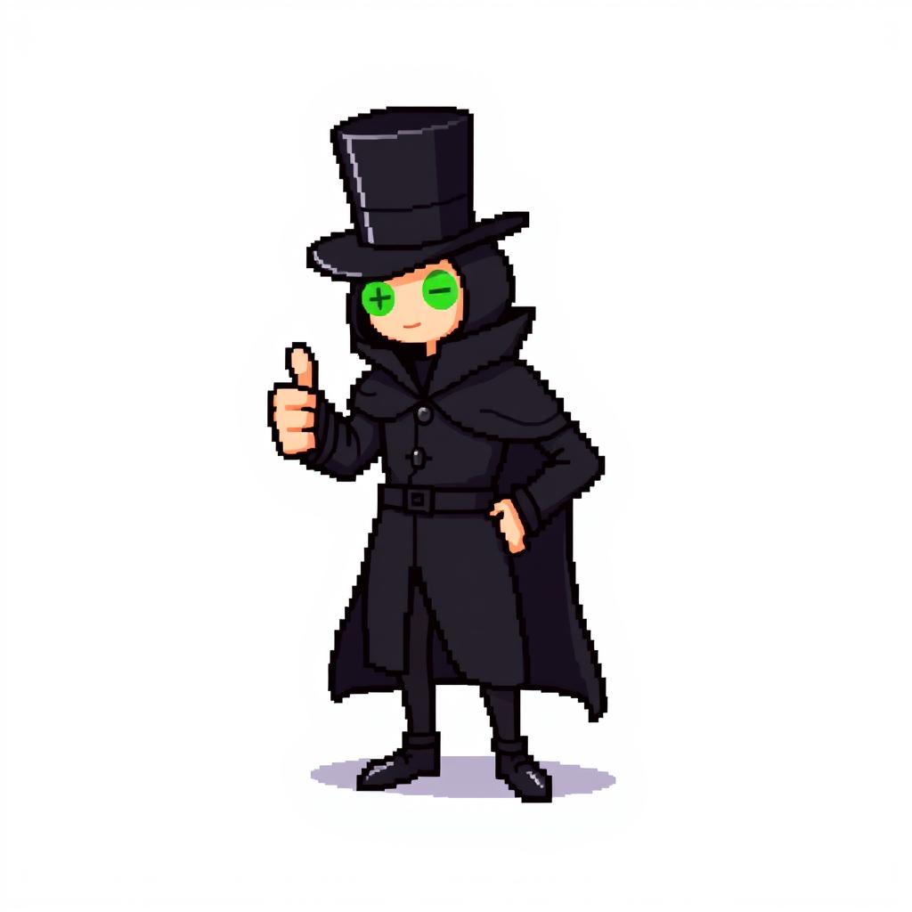 A pixel art character dressed in an elegant black outfit featuring a cloak and a top hat, giving a thumbs up gesture