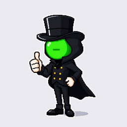 A pixel art character dressed in an elegant black outfit featuring a cloak and a top hat, giving a thumbs up gesture
