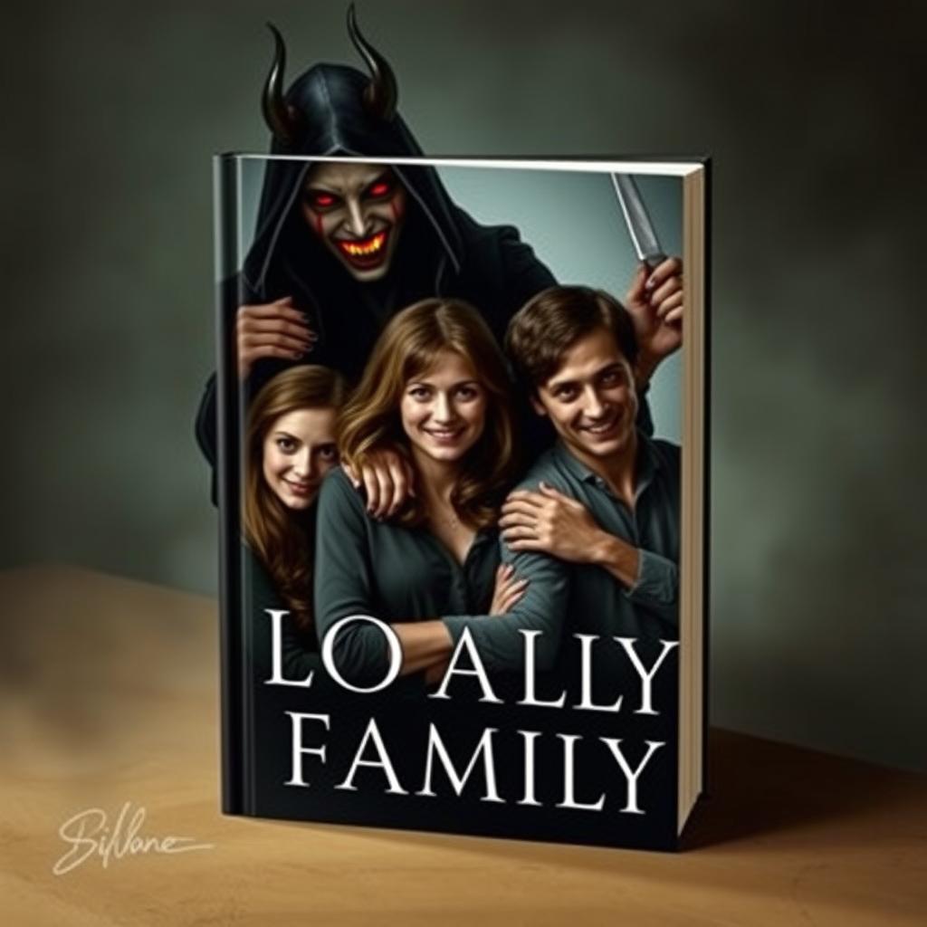 A dramatic book cover illustrating the theme of loyalty in family, featuring a serene family portrait where members are smiling and embracing each other