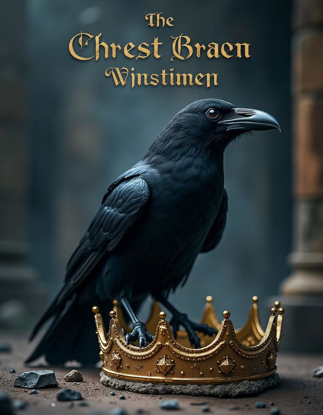 A captivating book cover design featuring a mysterious crow perched upon a broken crown