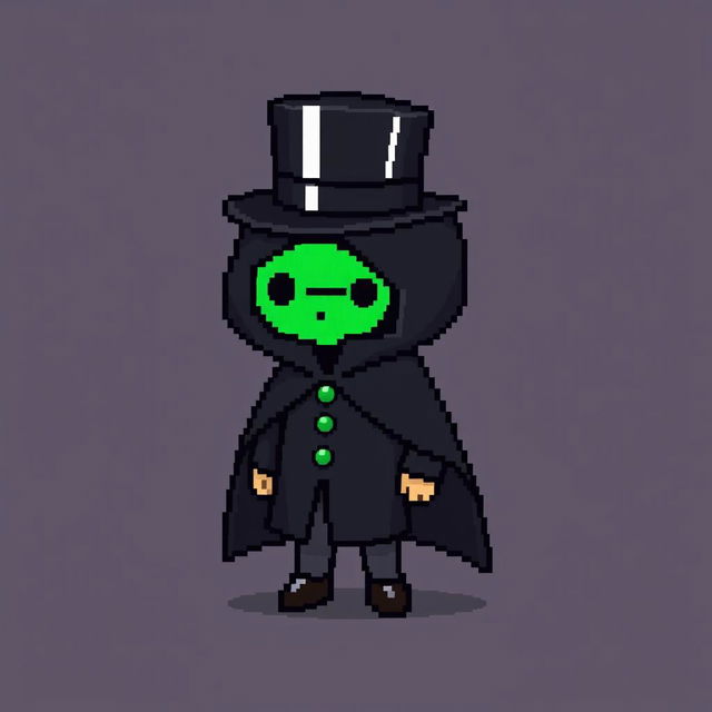 A pixel art character dressed in an elegant black outfit featuring a cloak and a top hat, looking shy