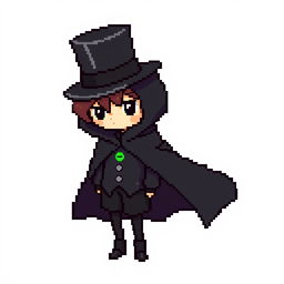 A pixel art character dressed in an elegant black outfit featuring a cloak and a top hat, looking shy