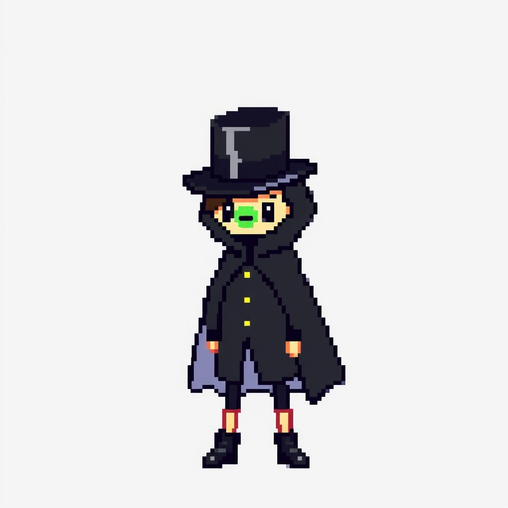 A pixel art character dressed in an elegant black outfit featuring a cloak and a top hat, looking shy