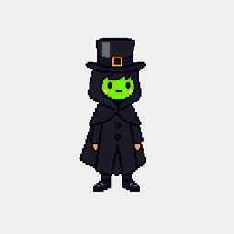 A pixel art character dressed in an elegant black outfit featuring a cloak and a top hat, looking shy