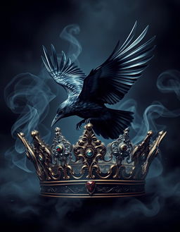 A stunning book cover design featuring a crow in mid-flight, elegantly soaring through a broken crown