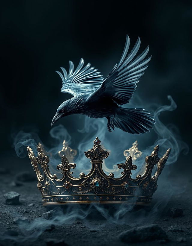 A stunning book cover design featuring a crow in mid-flight, elegantly soaring through a broken crown