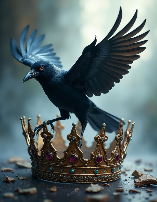 An eye-catching book cover design featuring a striking crow in mid-flight, soaring through a beautifully detailed cracked crown