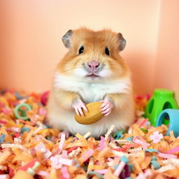 A cute, fluffy hamster sitting comfortably in a cozy little enclosure