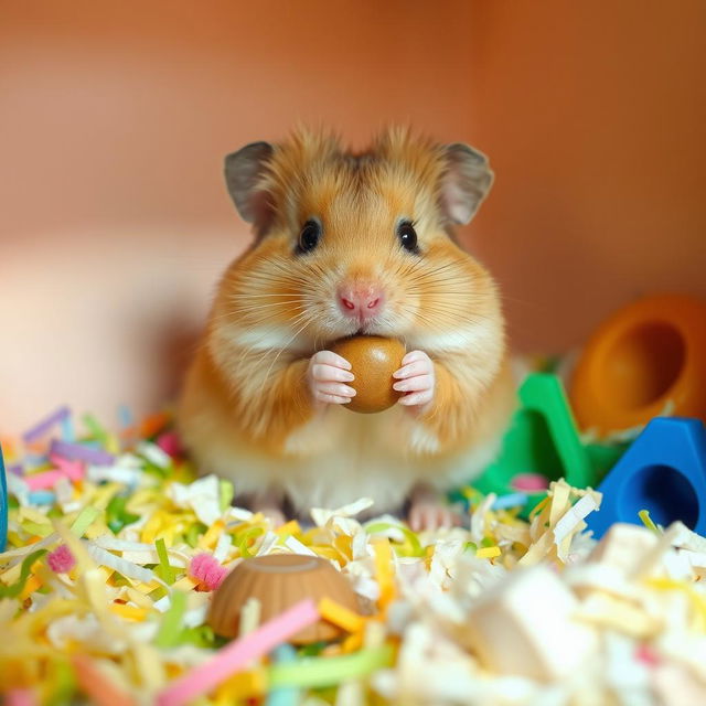 A cute, fluffy hamster sitting comfortably in a cozy little enclosure