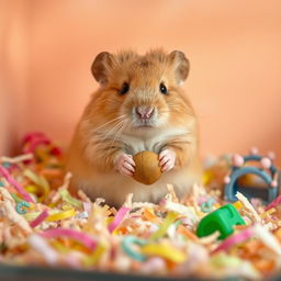 A cute, fluffy hamster sitting comfortably in a cozy little enclosure