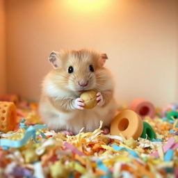 A cute, fluffy hamster sitting comfortably in a cozy little enclosure