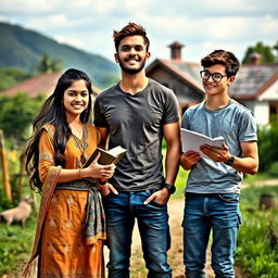 Three ambitious young people from a quaint village standing together in an inspiring setting