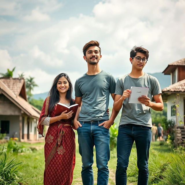 Three ambitious young people from a quaint village standing together in an inspiring setting