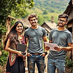 Three ambitious young people from a quaint village standing together in an inspiring setting