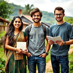 Three ambitious young people from a quaint village standing together in an inspiring setting