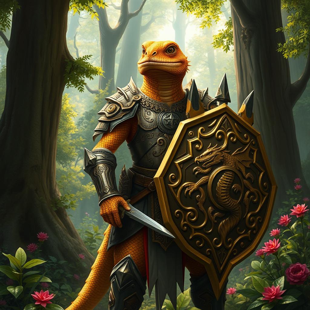 A fantastical male Lizardfolk knight, showcasing vibrant golden scales that gleam under the sunlight