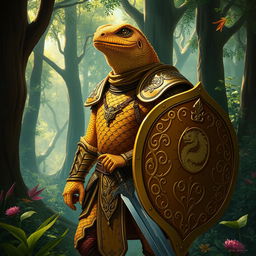 A fantastical male Lizardfolk knight, showcasing vibrant golden scales that gleam under the sunlight