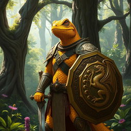 A fantastical male Lizardfolk knight, showcasing vibrant golden scales that gleam under the sunlight
