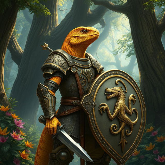 A fantastical male Lizardfolk knight, showcasing vibrant golden scales that gleam under the sunlight